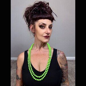 60s Vintage Lime Green Lucite Faux Pearl Necklace MCM Mod Long Costume 30"